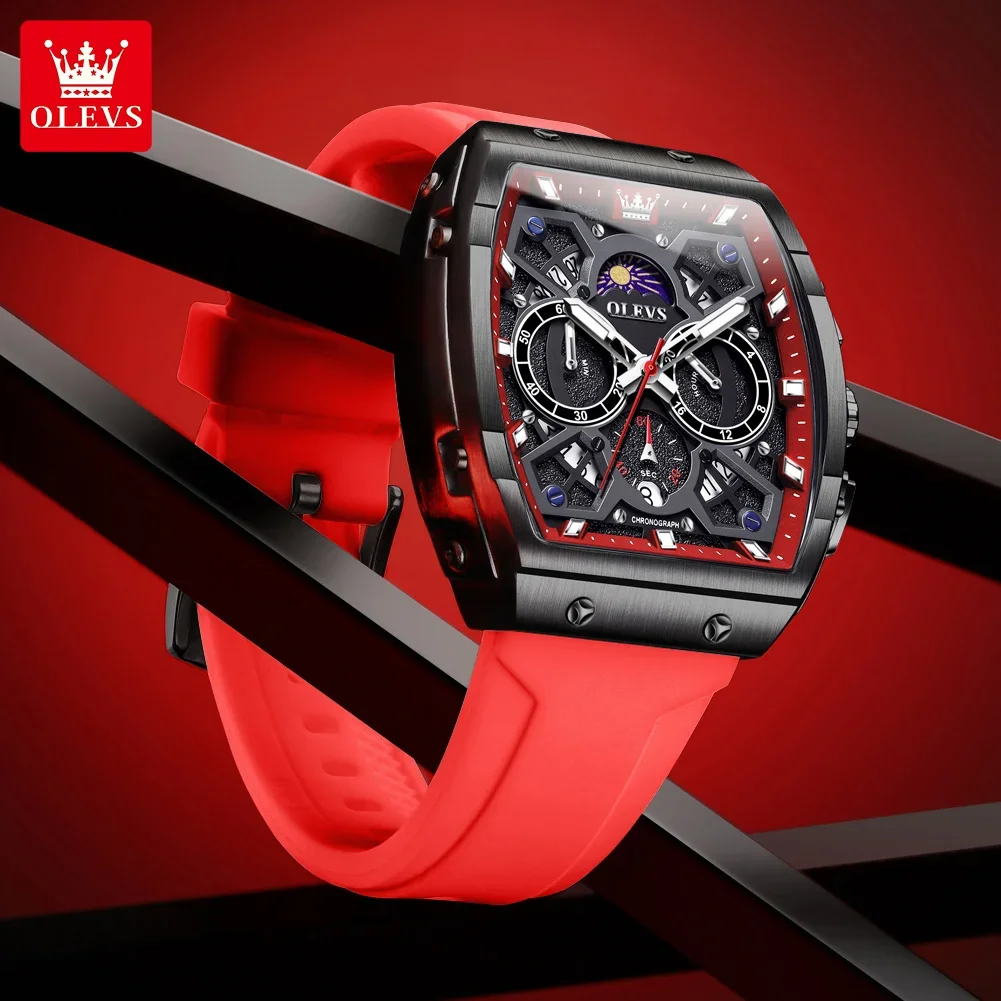 OLEVS 2942 ساعة رجالية بحزام سيليكون تونيو تصميم قرص متعدد الوظائف ساعة كوارتز للرجال مرحلة القمر التقويم ساعة كرونوغراف