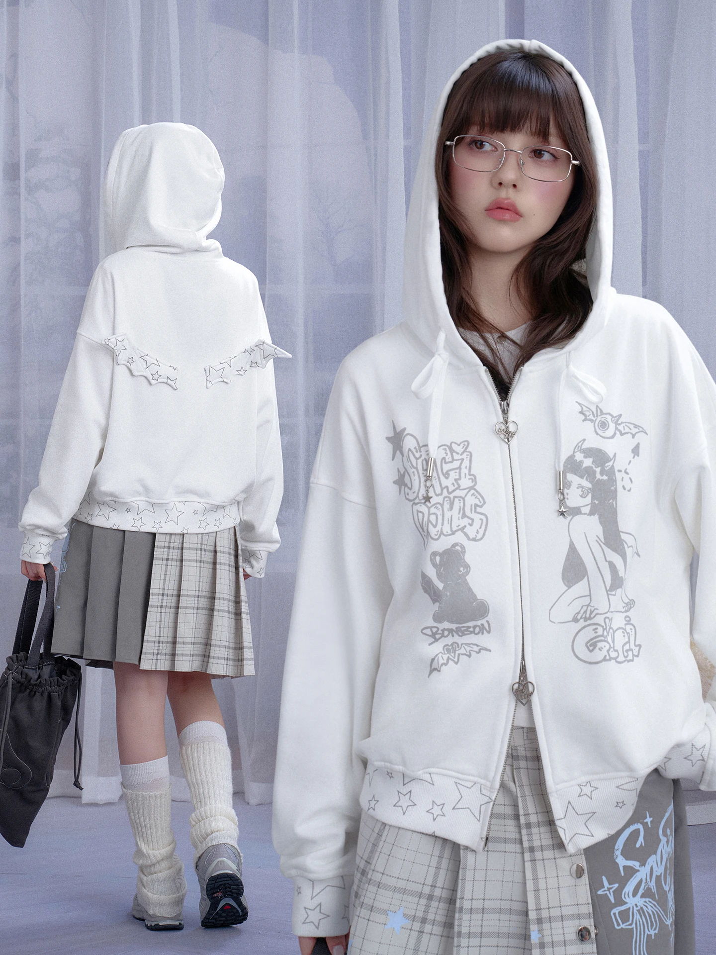 

SagiDolls Angel Wings fiti Print Hoodie Slimming Effect NewJeans Sle Long Sve Cotton Polyester Blend Sweet Sle