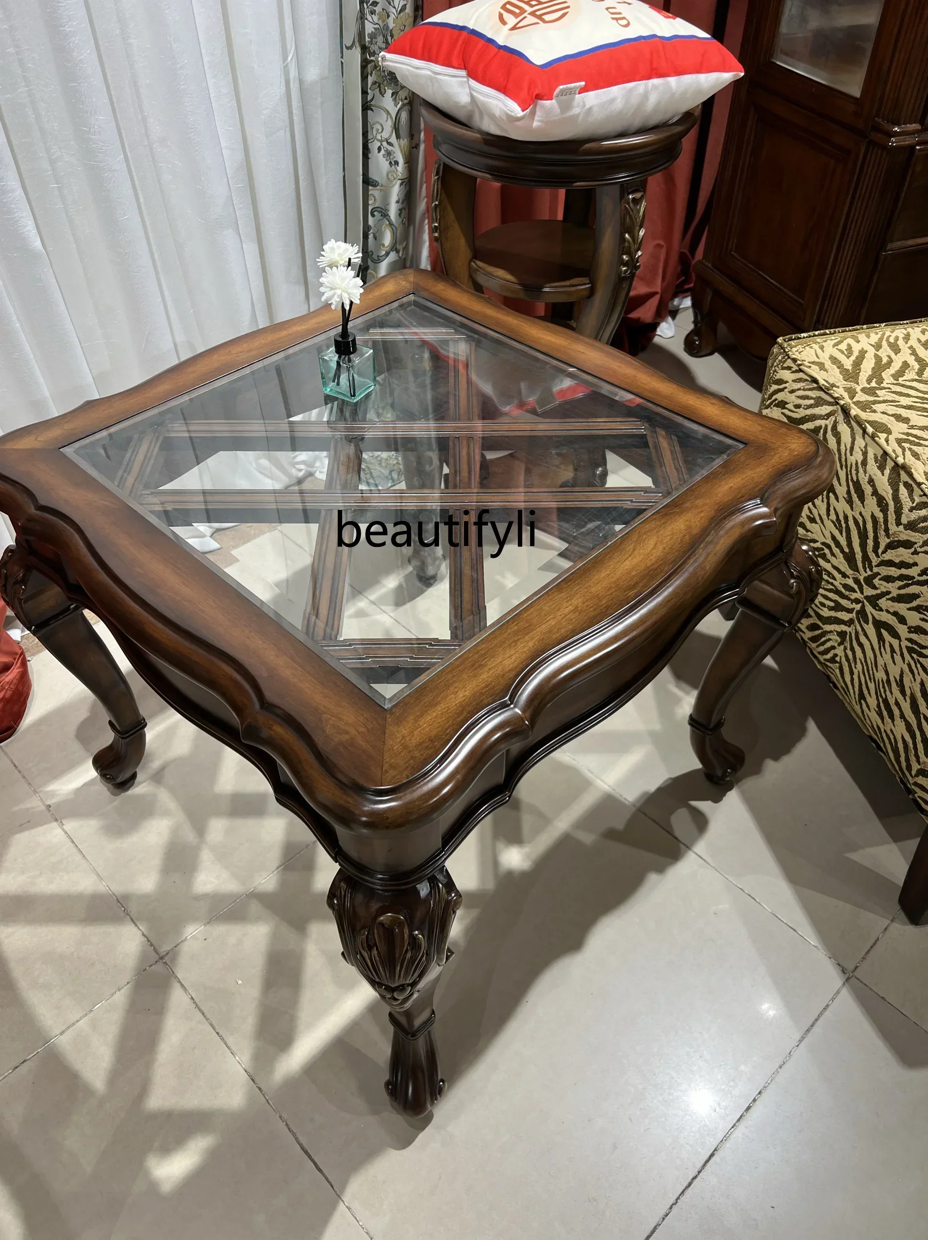 54Furniture Solid wood corner few retro carved living room furniture Classical beautiful edge few glass surfaceSSS