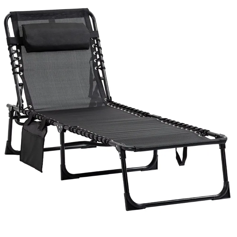 Portable Reclining Chaise Lounge Chair Adjustable Backrest Folding Camping Cot with Removable Pillow