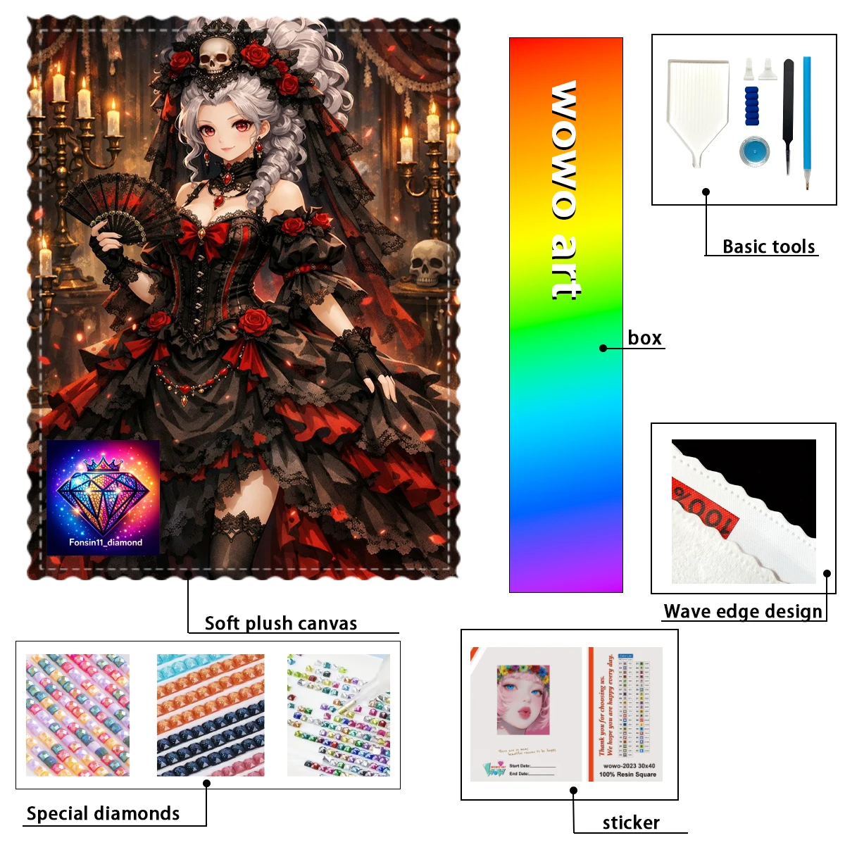 【Fonsin11- diamond】Kit de Estampagem de Diamantes 100% Resina FD+ab+yg com Tema Menina com Vestido de Princesa Sombrio, Obra-Prima Perfeita que Vale a Pena Comprar