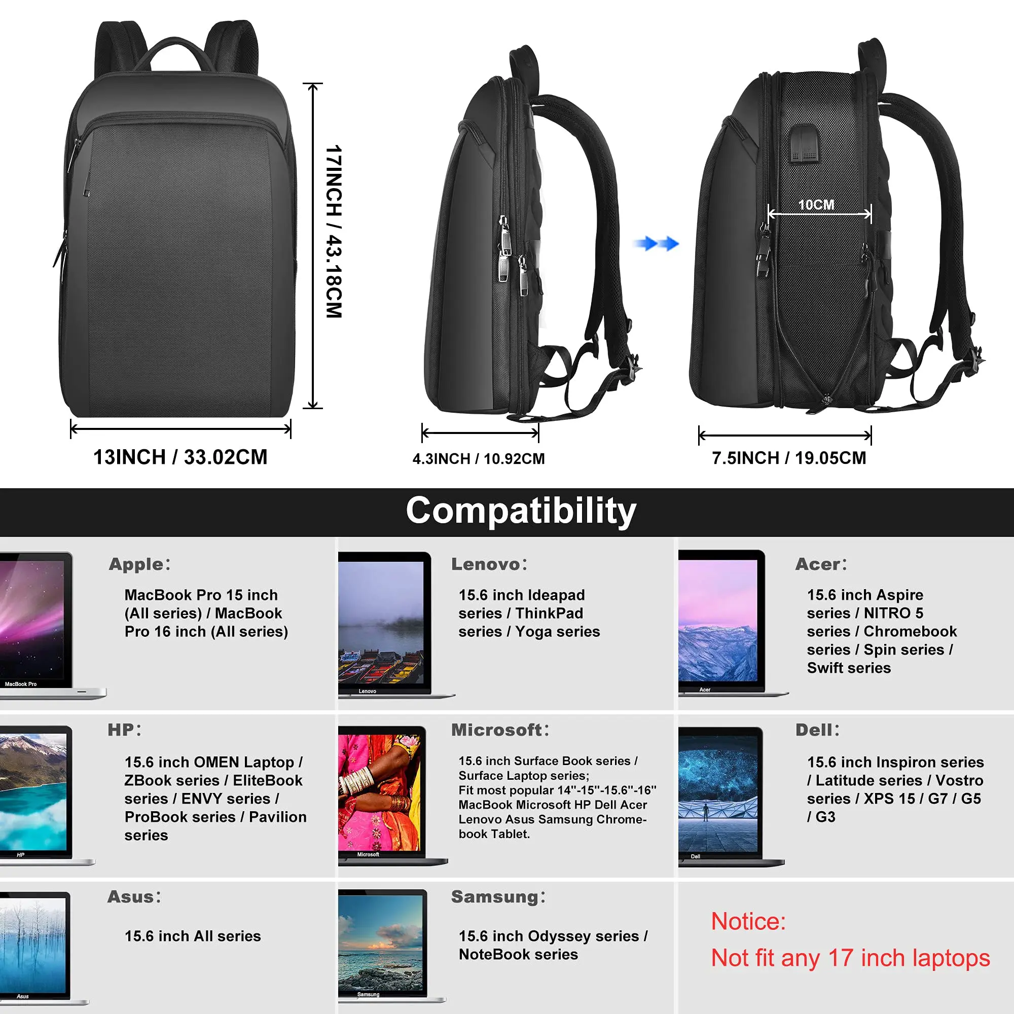 ZINZ Slim and Expandable 15 15.6 16 Inch Laptop Backpack Anti Theft Business Travel Notebook Bag for Men & Women