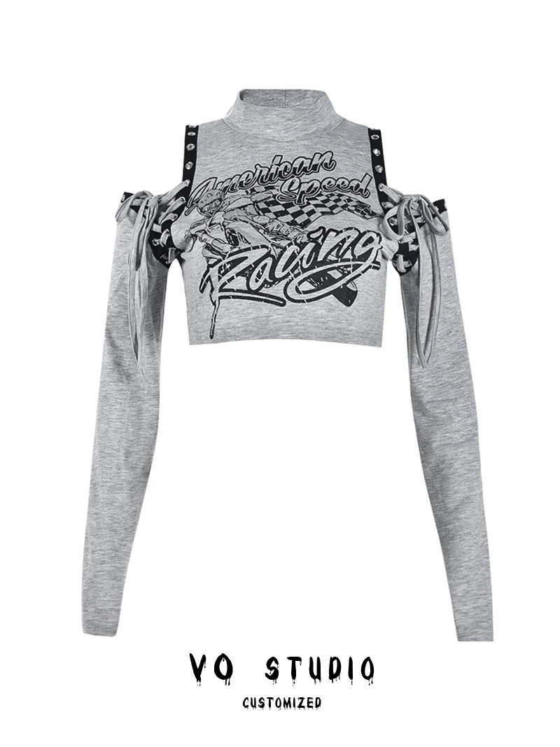 

Women's Grey Gothic Lace Patchwork T-shirt Harajuku Y2k Cropped Tee Top Vintage Short Sleeve T-shirts 2000s Emo Clothes Summer