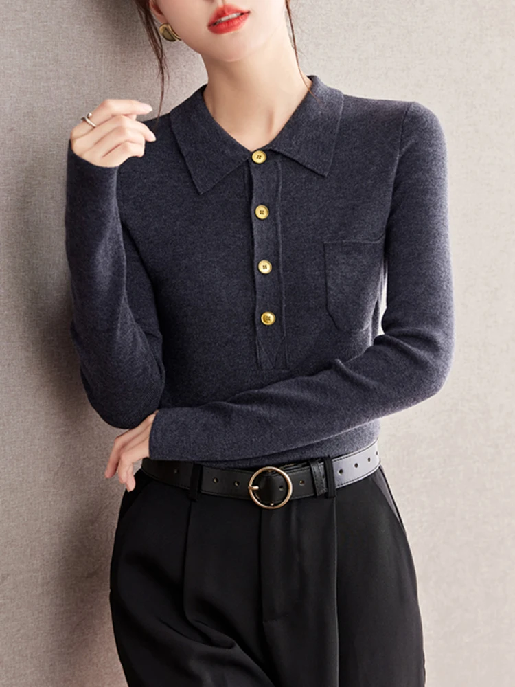 Women 2024 New Lapel Slimming Sweater Tops Niche Design Fashion Casual Long Sleeve Knit Sweater