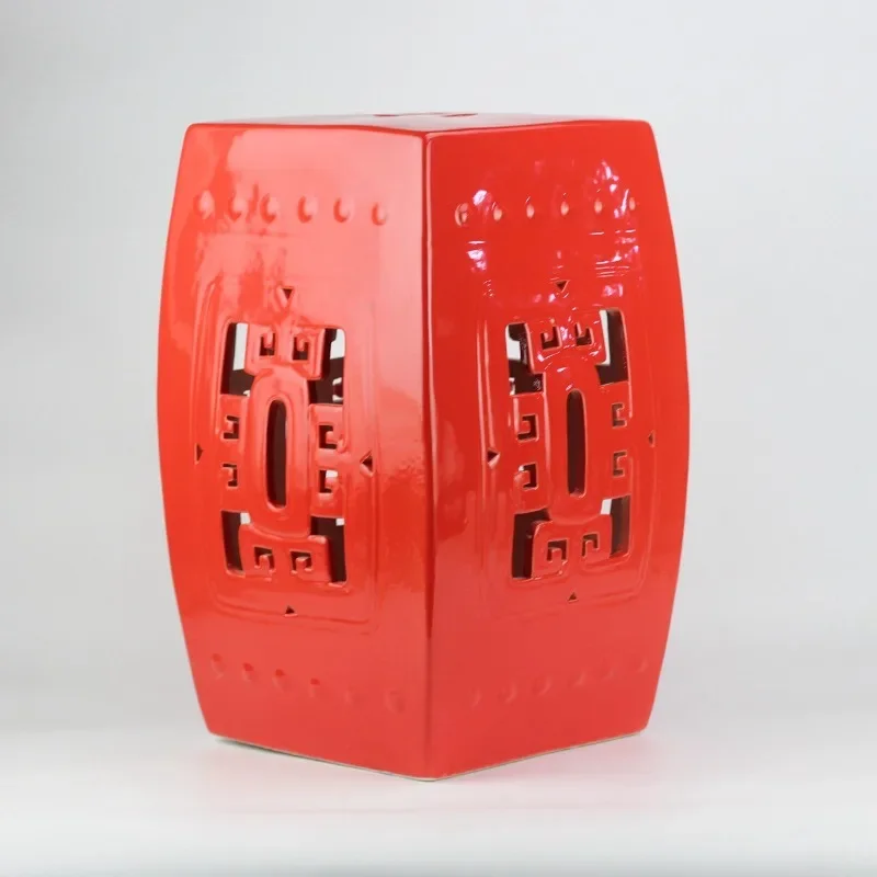 Color glaze carved red openwork stool ceramic pier square stool garden stool idea