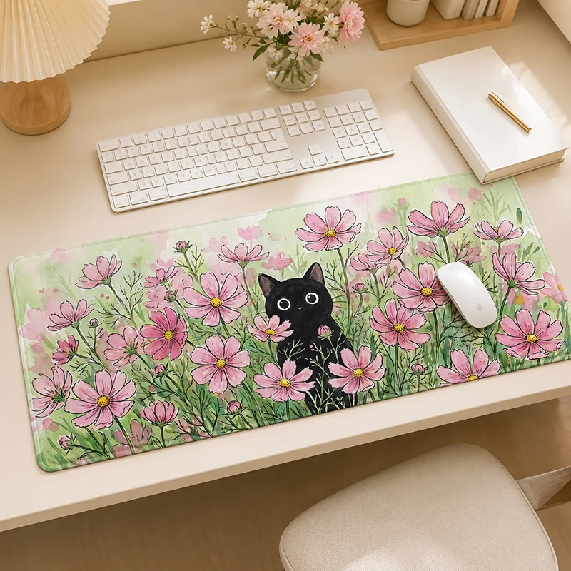 Tapis de souris XXL pour gamer, motif chat noir et fleurs, impression à la demande, grand tapis de jeu pour ordinateur domestique, tapis de souris souple en caoutchouc naturel pour ordinateur portable