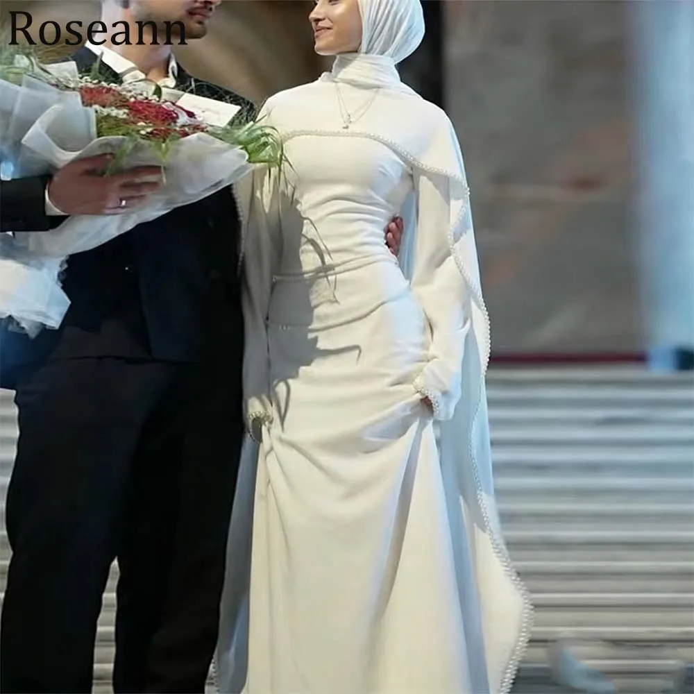 Customized Modest Muslim Wedding Dresses for Brides 2026 Ivory Mermaid Pearls Shawl Long Arabic Bridal Gowns Vestido De Noiva