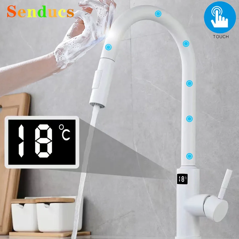

Smart Digital Touch on Kitchen Faucets with Pull Down Hot Cold Kitchen Sink Mixer Tap White Sensor Touch Digital Kitchen Faucet