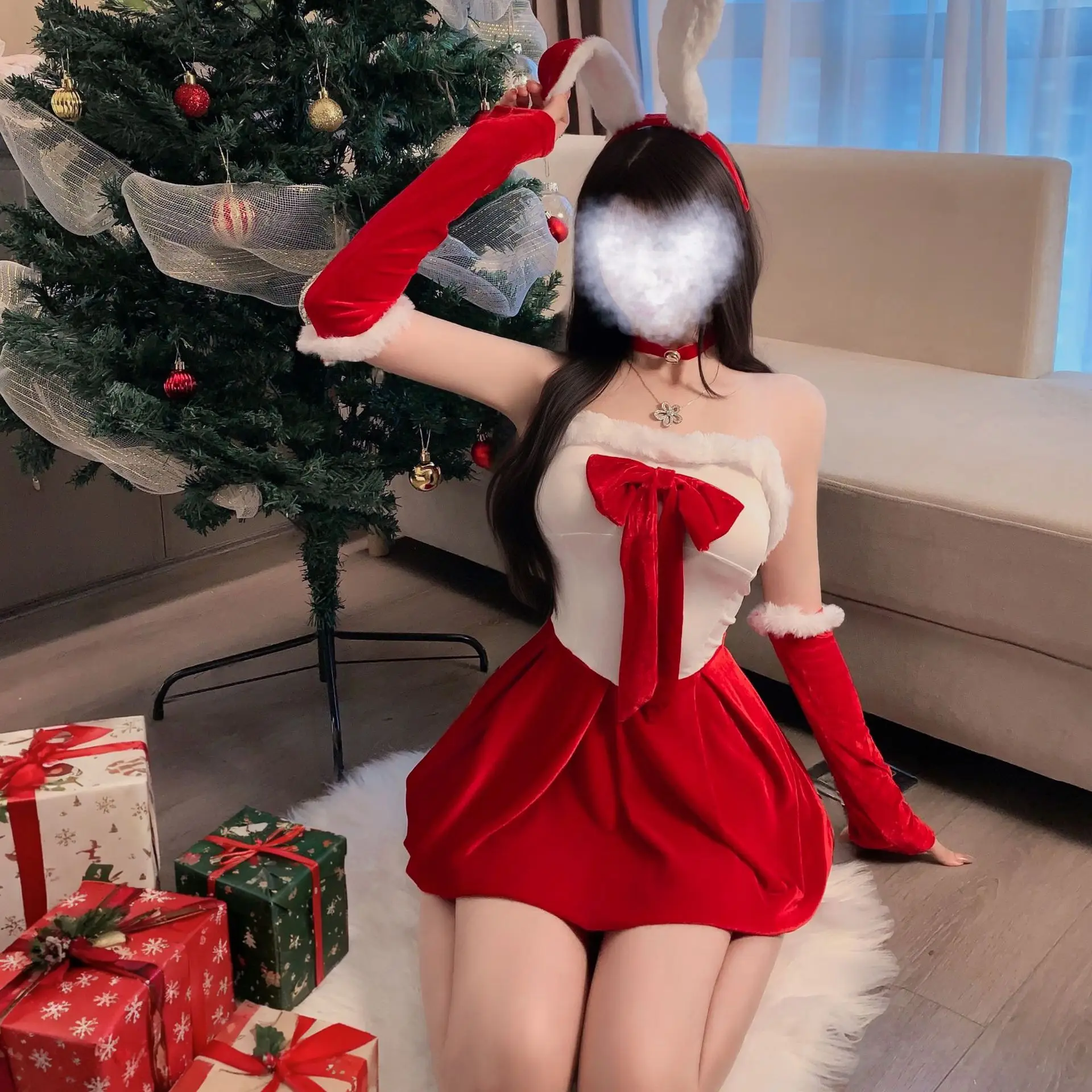 

New Couple Dating * Christmas Wear With Chest Pad cos Sexy Red Nightdress Outer Wear Robe Tube Top Christmas Suit