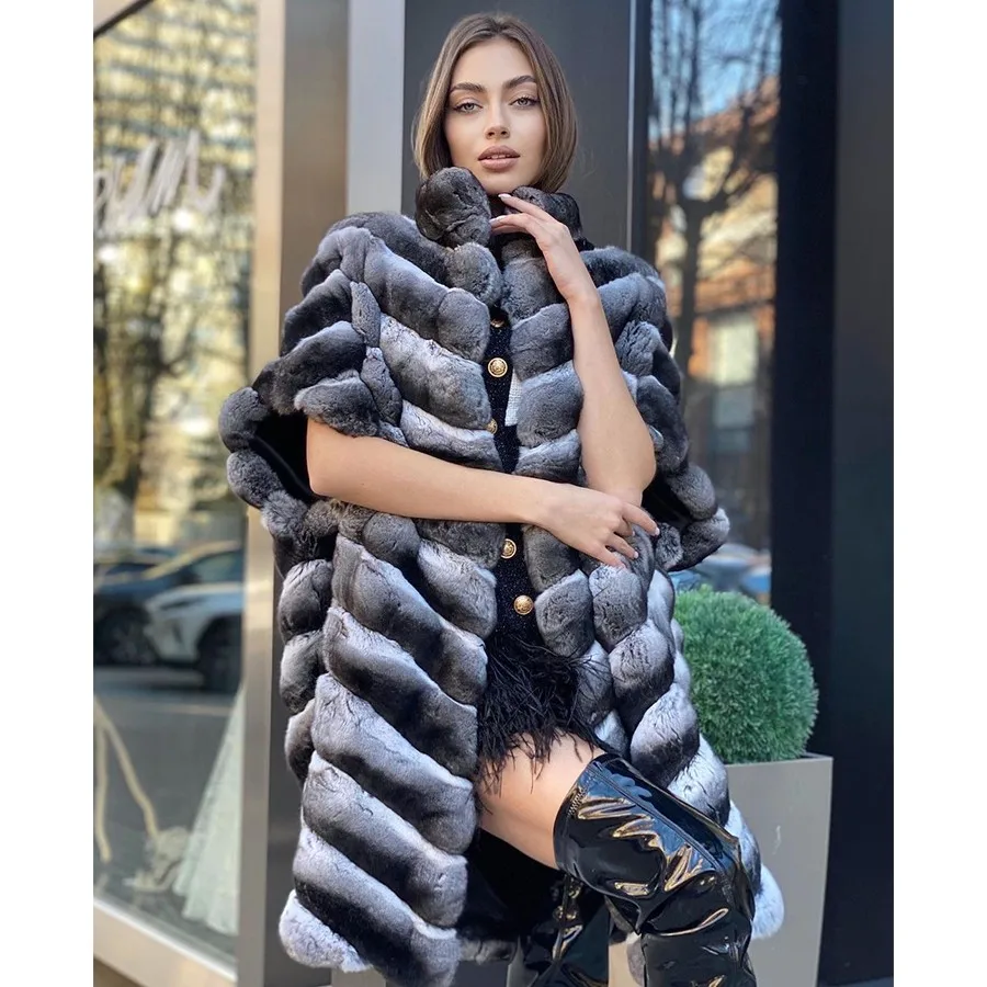 Real Rex Rabbit Fur Vest Women Chinchilla Fur Coats Mid-Length Best Seller 2024 Natural Fur Jacket Women's Winter Coat