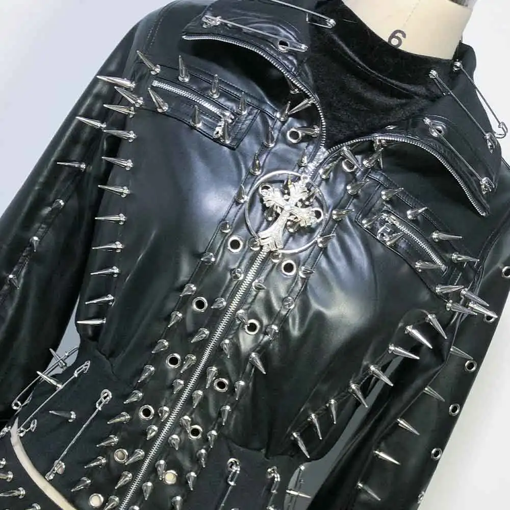 Rave Punk Rock Emo Goth Digital Spike Grunge Long-sleeves Y2K Vegan Leather Skull Studded Rivets Jacket Coat 2025 Eco Festival