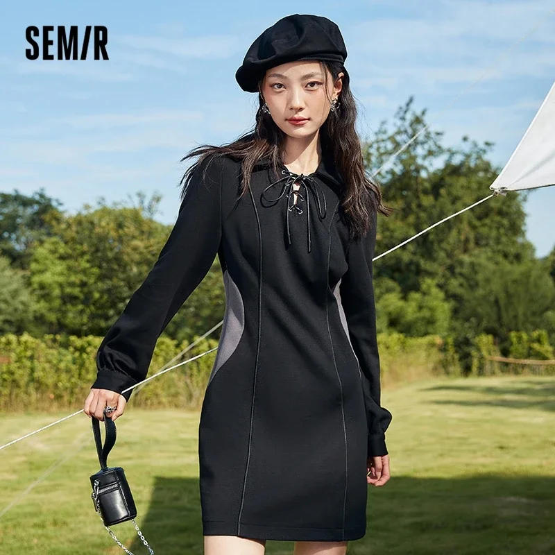 

Semir Dress Women Lapel Splicing 2023 Autumn New Style Sweet Cool Slim Long Sleeve Black Dress