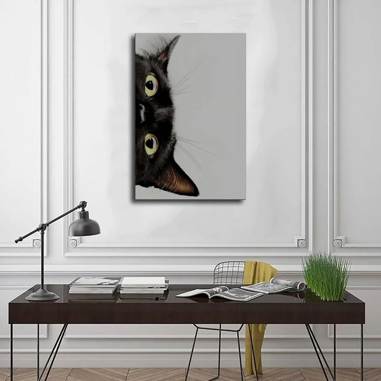 Black Cat Canvas Print Wall Art – Playful Peeking Cat Poster – Modern Animal Artwork for Living Room, Bedroom, Office Decor, G
