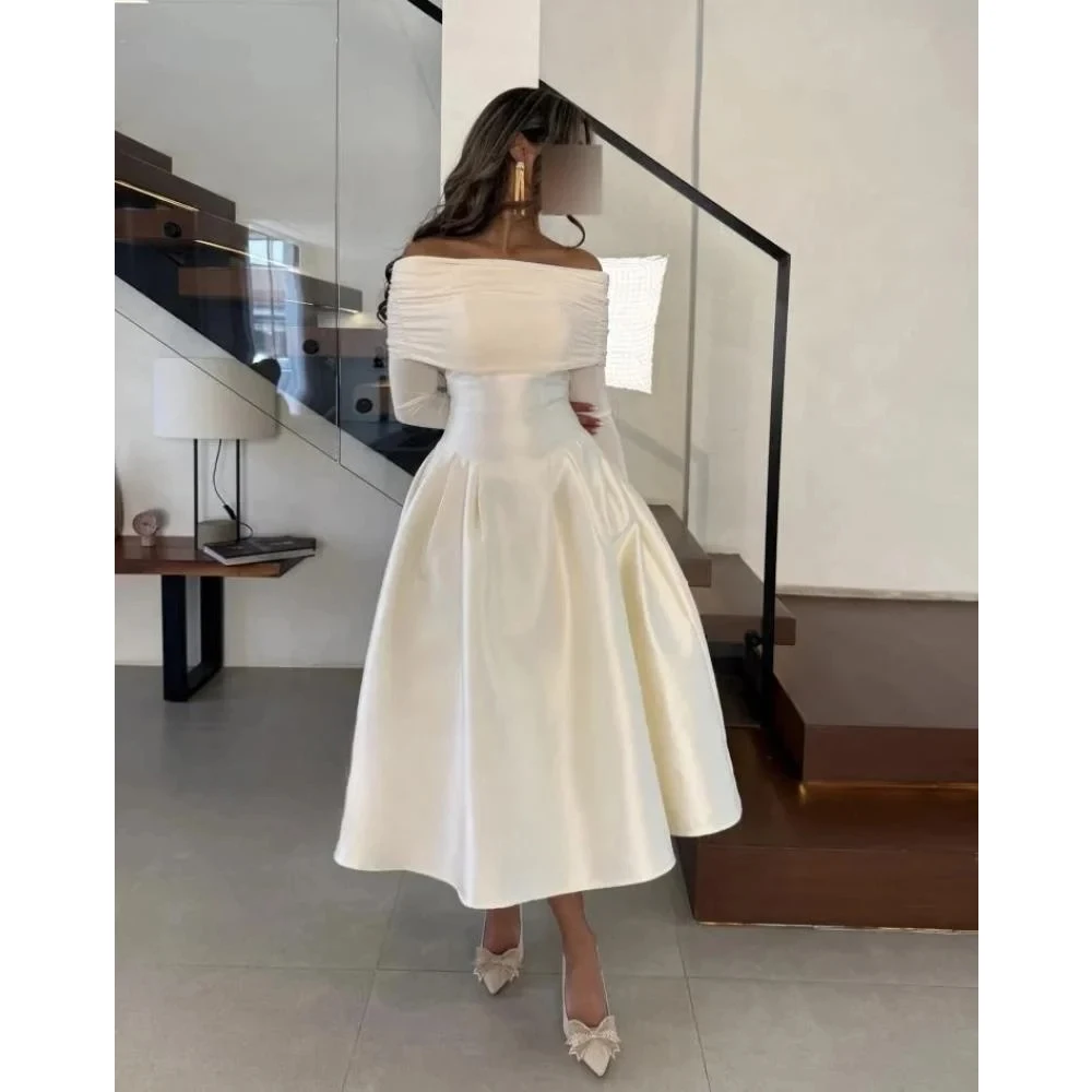

Elegant Off Shoulder A-line Evening Dresses Saudi Arabic Long Sleeve Tea-Length Prom Gown Customized Cocktail Party Dress 2025