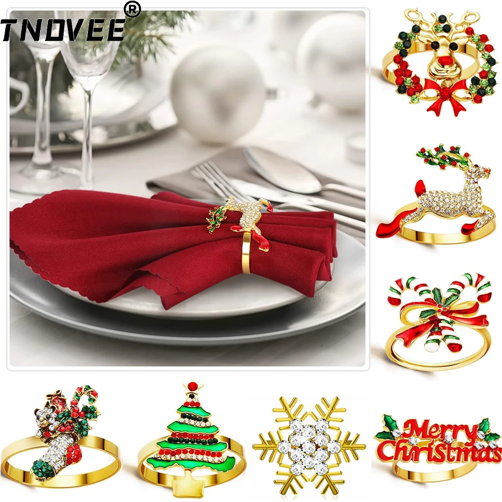 6Pcs Christmas Napkin Rings Rhinestone Snowflake Socks Tree Candy Cane Wreath Deer Napkin Holder for Wedding Xmas Table Decor