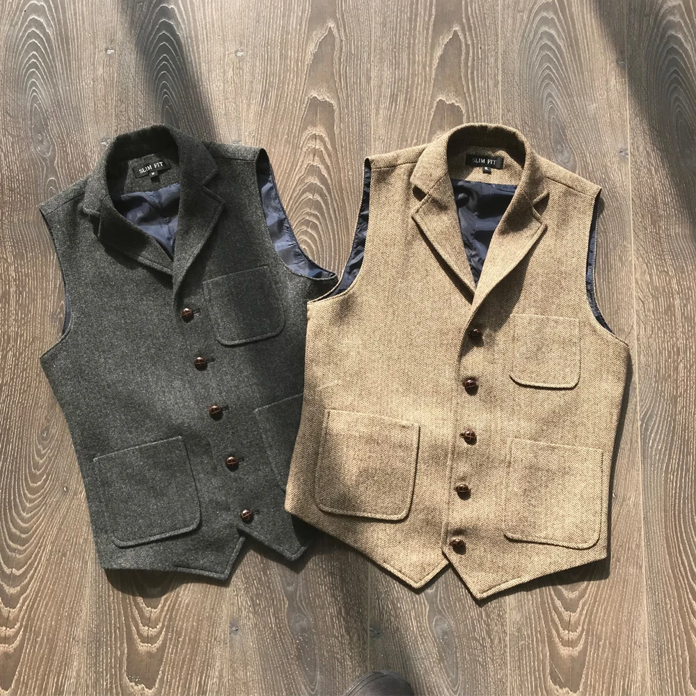 Men\'s Suit Vest Brown Herringbone Tweed Single Breasted Autumn Business Slim Fit Waistcoat Casual Formal Tooling Groomman Vests