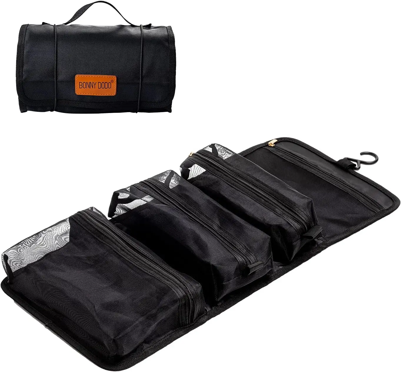 

Roll-Up Hanging Toiletry Bag with 3 Detachable Pouches, Black Travel Cosmetic Organizer for Men & Women, Gym Camping Grooming