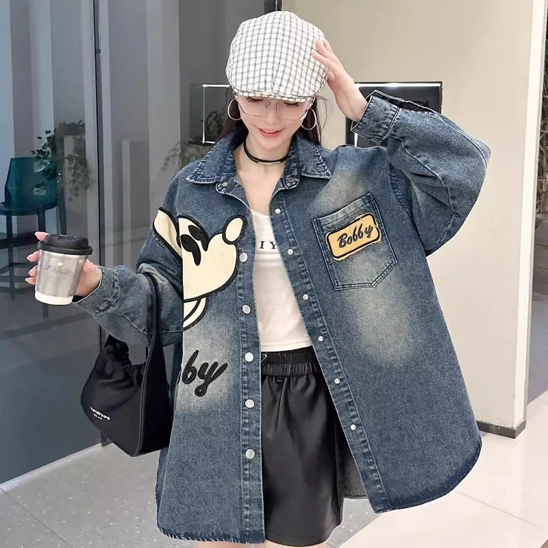 빈티지 워싱 데님 셔츠 여성용 럭셔리 하이엔드 루즈 슬라우치 홍콩 스타일 미드 길이 트렌치 코트 가디건 아우터웨어