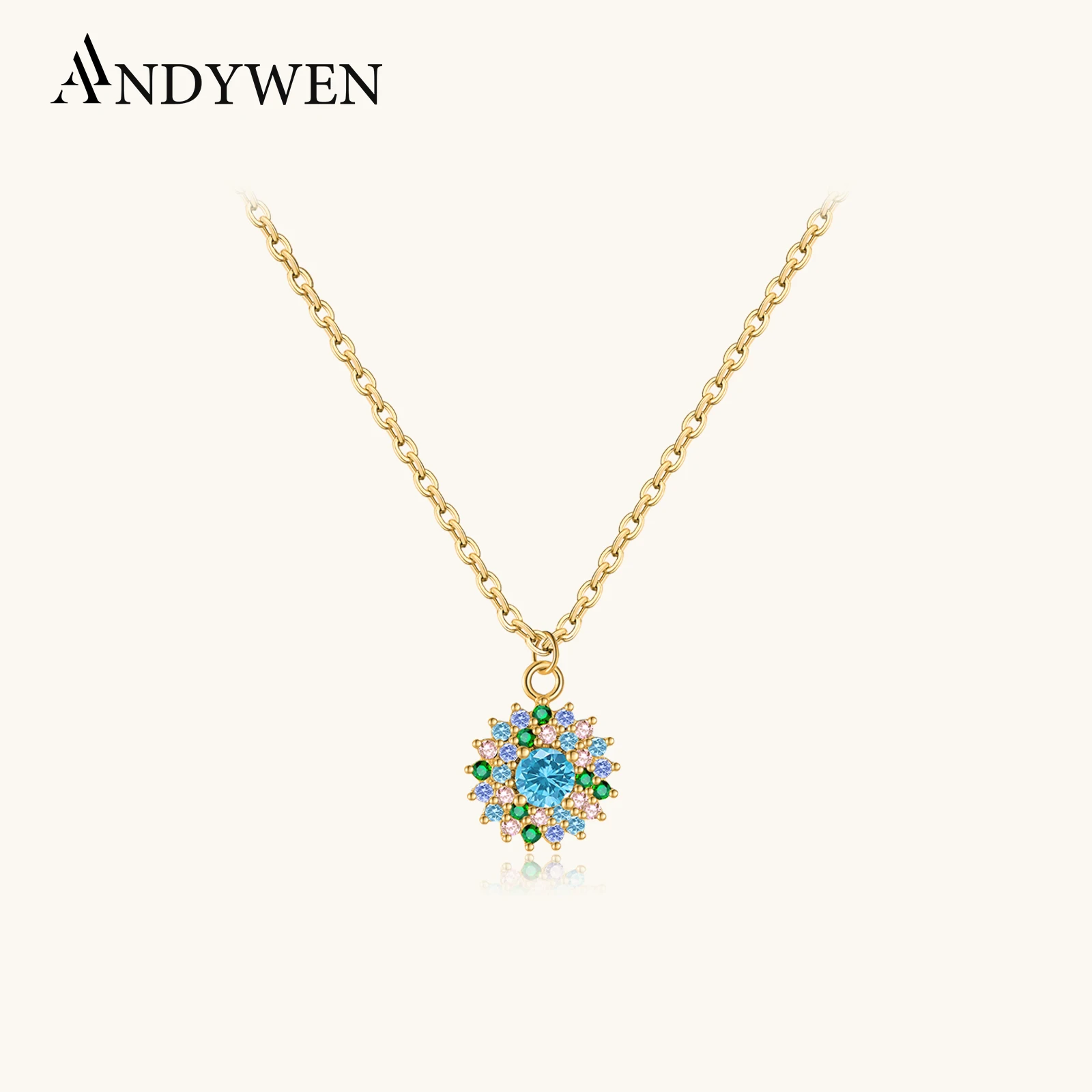 

ANDYWEN 925 Sterling Silver Sunflower Necklace Multicolor CZ Zircon Blue Firework Design Gift for Women Wedding Anniversary