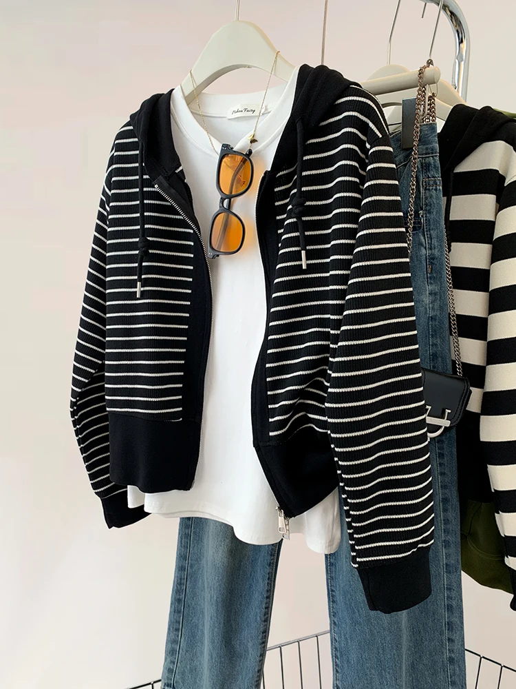 Korean Fashion Contrast Striped Knit Hooded Sweater For Women Autumn Winter Lazy Style Casual Zipper Hooded Cardigan