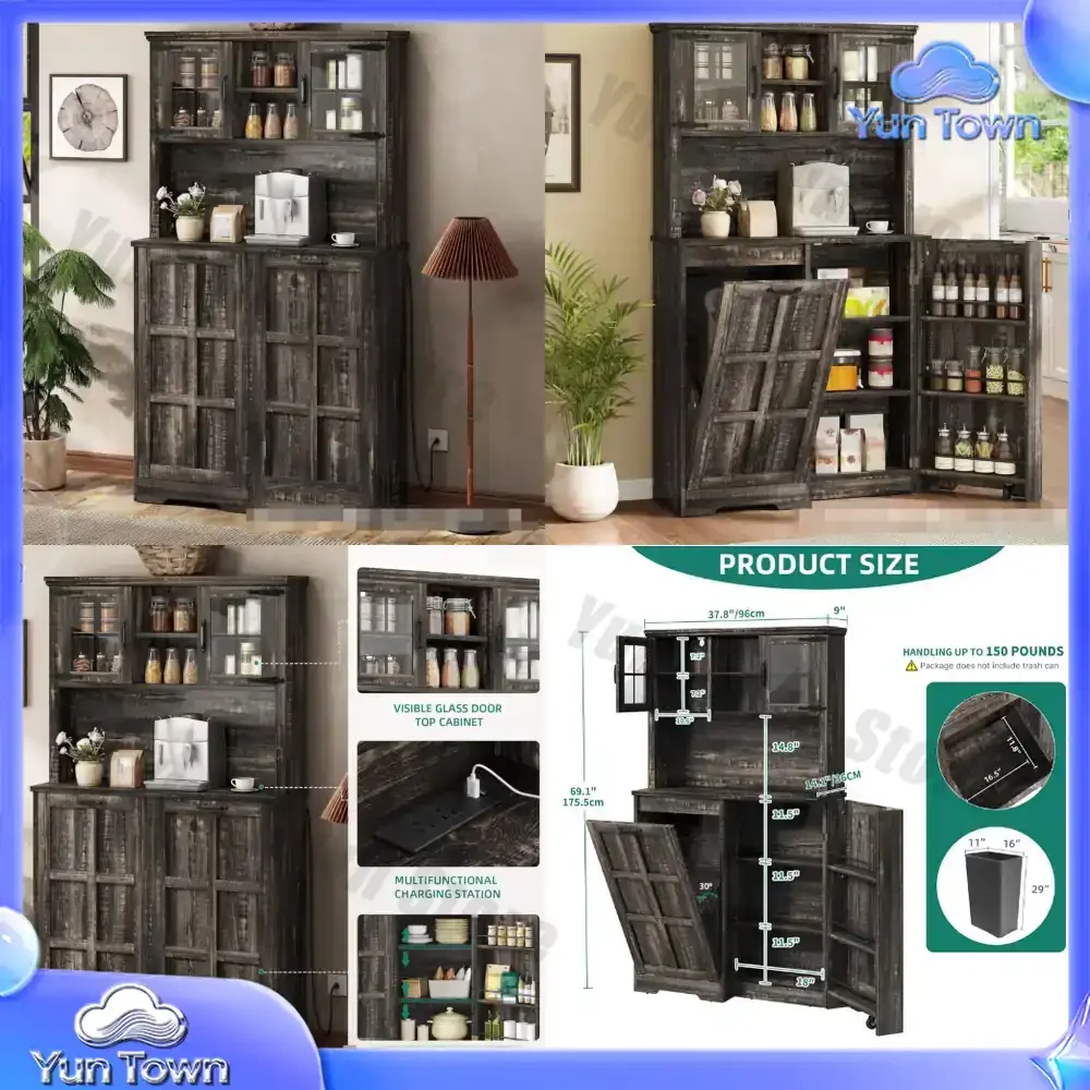 Tilt Trash Bin Kitchen Pantry Cabinet with Charging Station for Amazon Best Seller Modular Food Storage Cabinet for Home