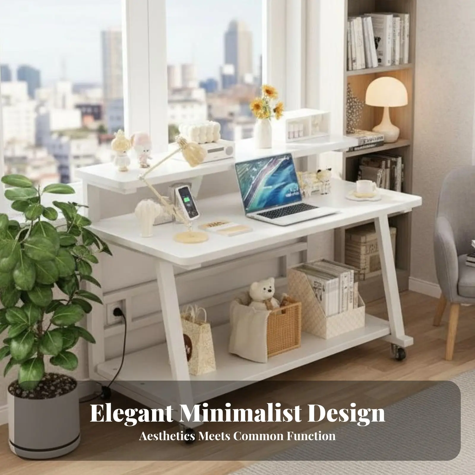 

Rolling Vanity with flip-up Mirror Space-Saving Makeup Desk Modern design press Control for Teenagers, Small Spaces