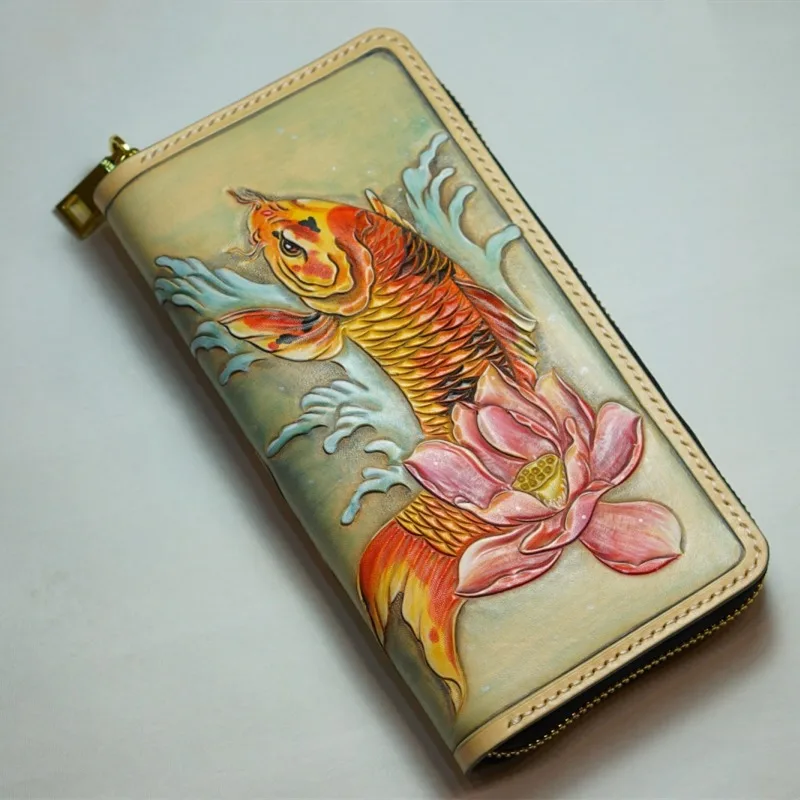 

Handmade Women Cowhide Wallets Carp Purses Long Clutch Vegetable Tanned Leather Wallet Card Holder Birthday Gift Customization