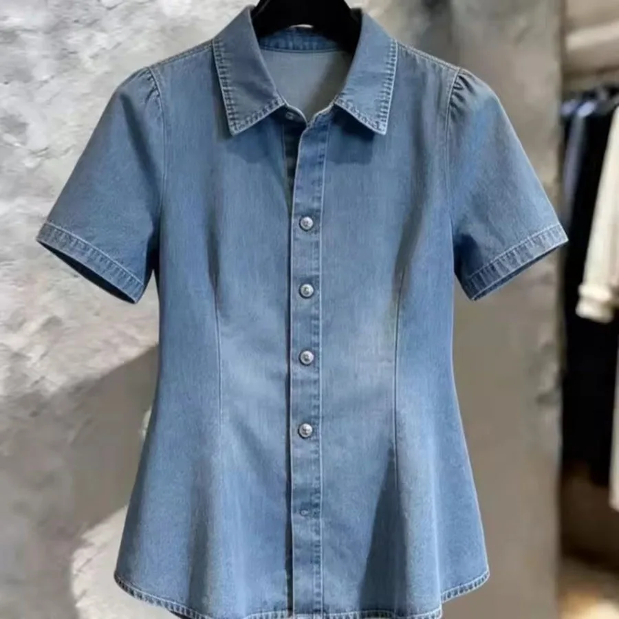 

SummerNew Korean Fashion Blue Lapel Single-breasted Denim Short-sleeved Shirt Women's Simple Casual All-match Blouse Ladies Tops