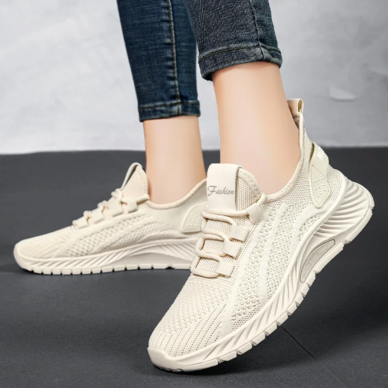 Women Sneakers Summer Mesh Breathable Sports Shoes Casual Soft Sole Flats Jogging Shoes Trendy Lace Up Beige Platform Lady Shoes