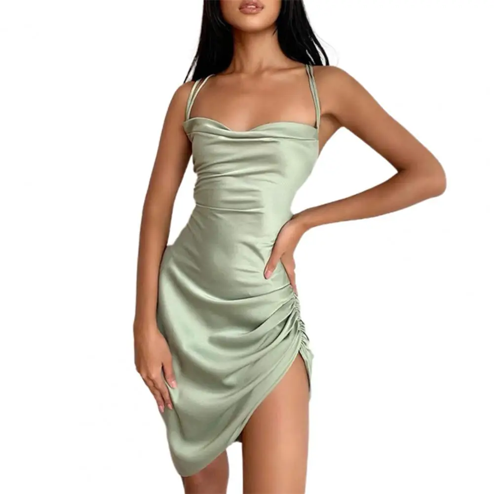 Satin Women Strap Mini Dress Ruched Lace Up Cross Bandage Backless Bodycon Sexy Party Elegant 2024