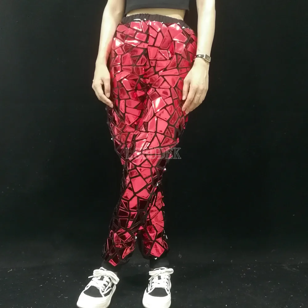 Women Red Laser Mirror Sequins Harem Pants Casual Trousers Dance Team Band Singer Jazz Dancer Bar Show Stage Performance Costume