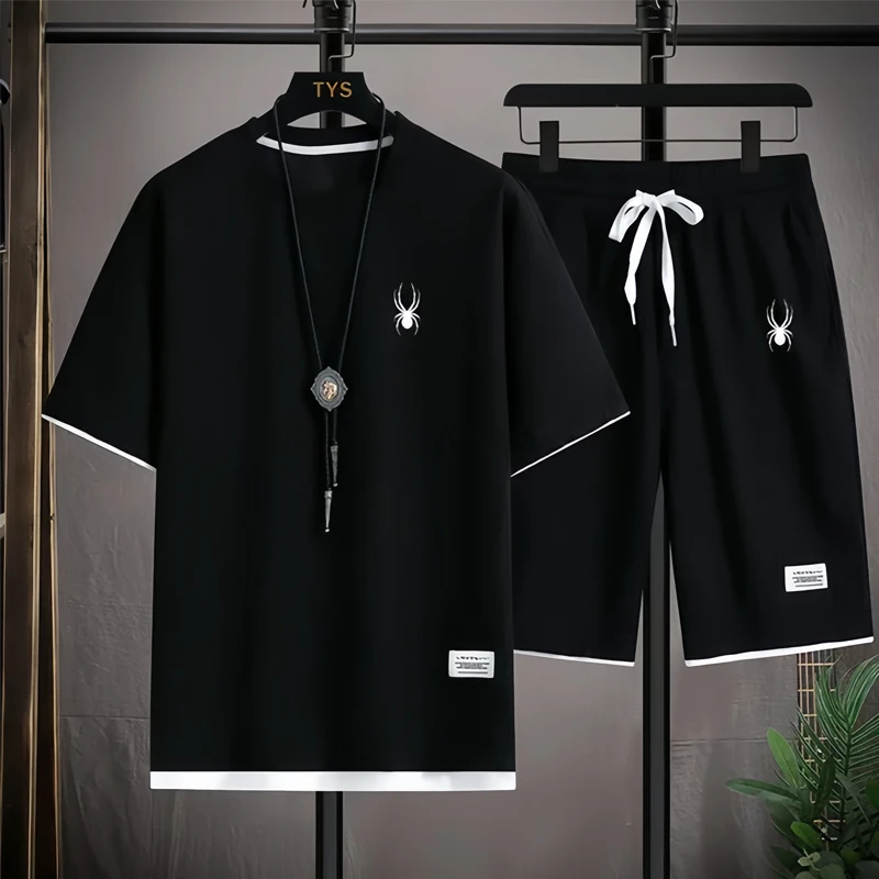 2024 Men\'s new Waffle Summer Suit Casual T-shirt + Shorts Suit Men\'s Tracksuit Solid color tracksuit loose suit