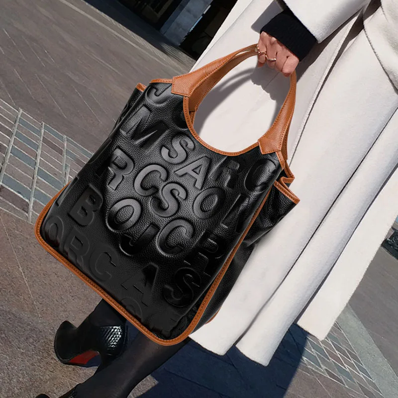 

Genuine Cowhide Embossed Letter Tote Bag Detachable Cross Strap Large Multi Pocket Ladies Bag Daily Work Shopping Travel