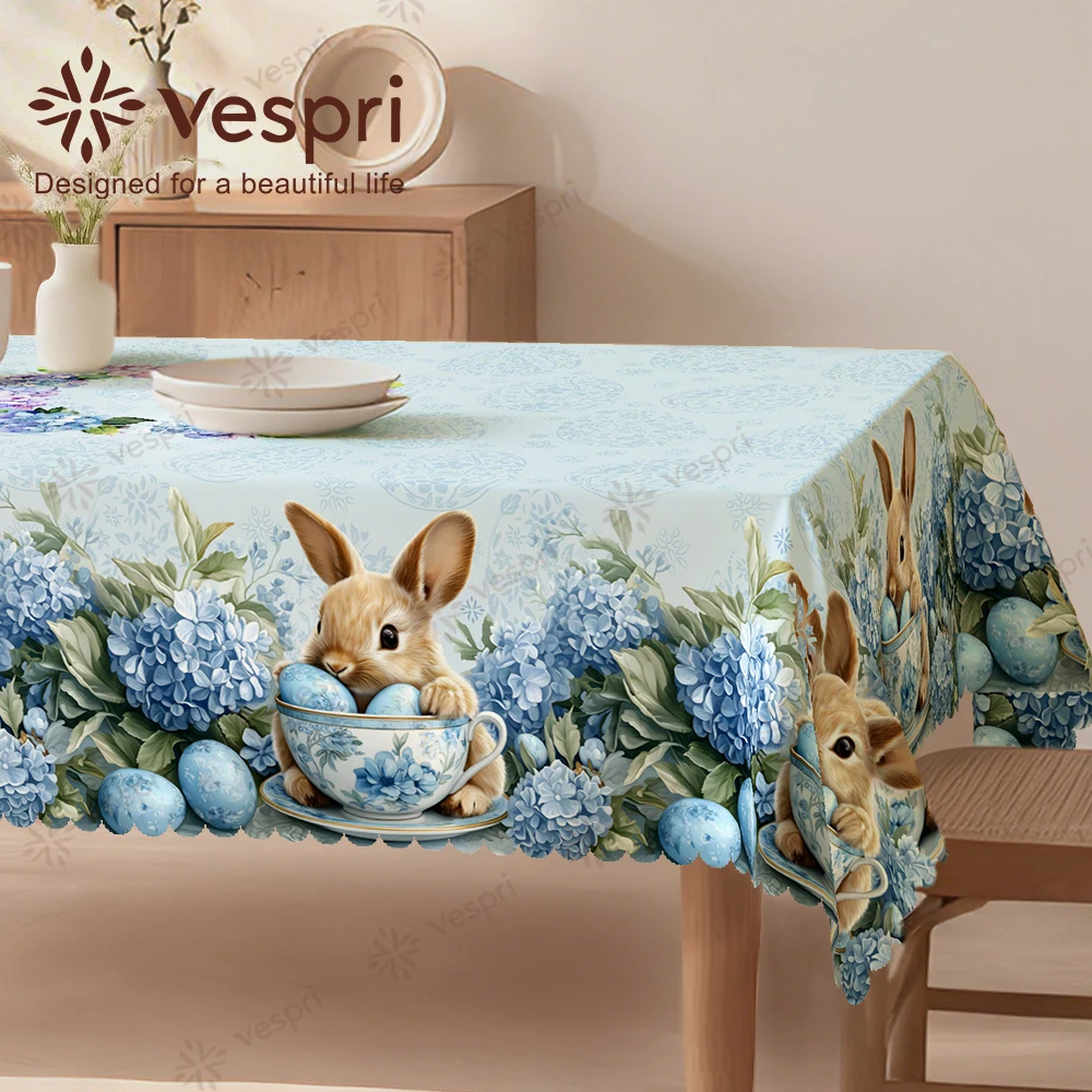 Vespri Oster-Tischdecke Hellblau Weiß mit Hasen-, Hortensien- und Eiermuster aus Polyester für Party und Festlichkeiten