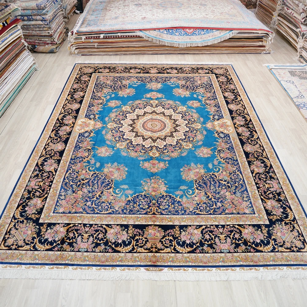 274x366cm Blue Handknotted Classical Turkish Design Oriental Silk Persian Carpet (ZQG500A)