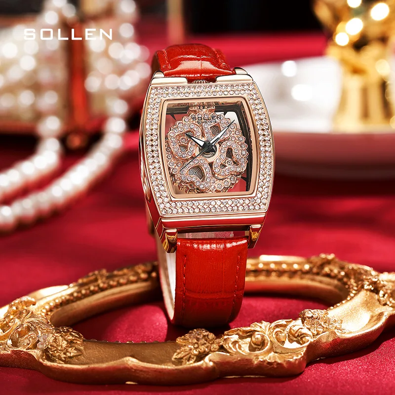 SOLLEN Luxury Diamond Rose Gold Watches Fashion Red Leather Strap Skeleton Watch High Quality Women Watch Waterproof Reloj Mujer