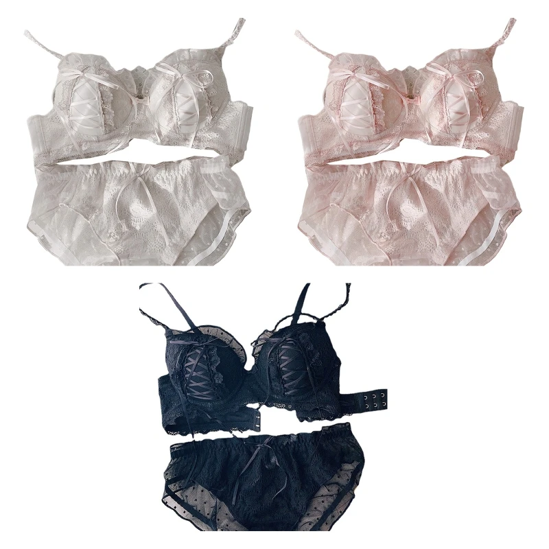 

2 Piece Bra Panty Lingerie Set Women Sweet Embroidery Lace Ruffle for Cross Bow Bralette Thong Maid Underw