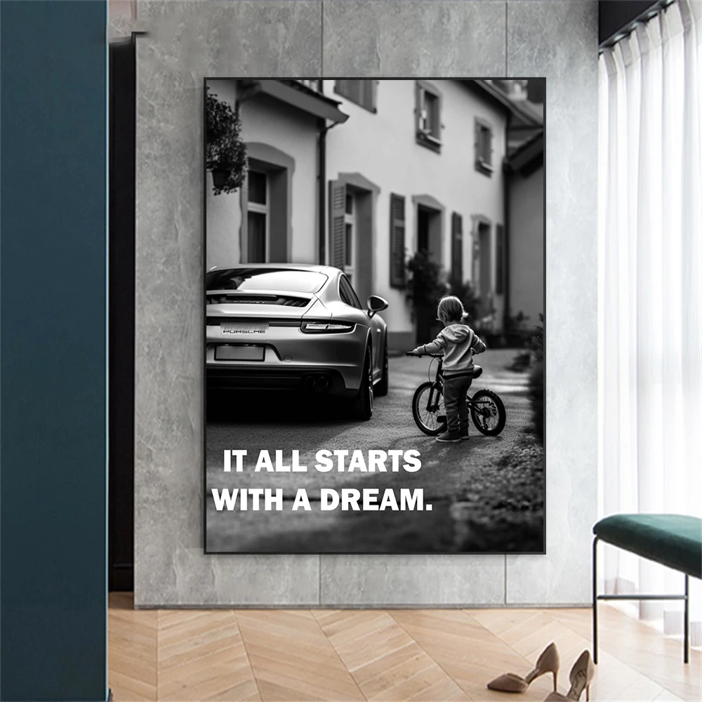 It all starts with a Dream Quote Art Poster Cat Motivational Wall Art Canvas Painting Modern Office Wall Art Home Room Pictures