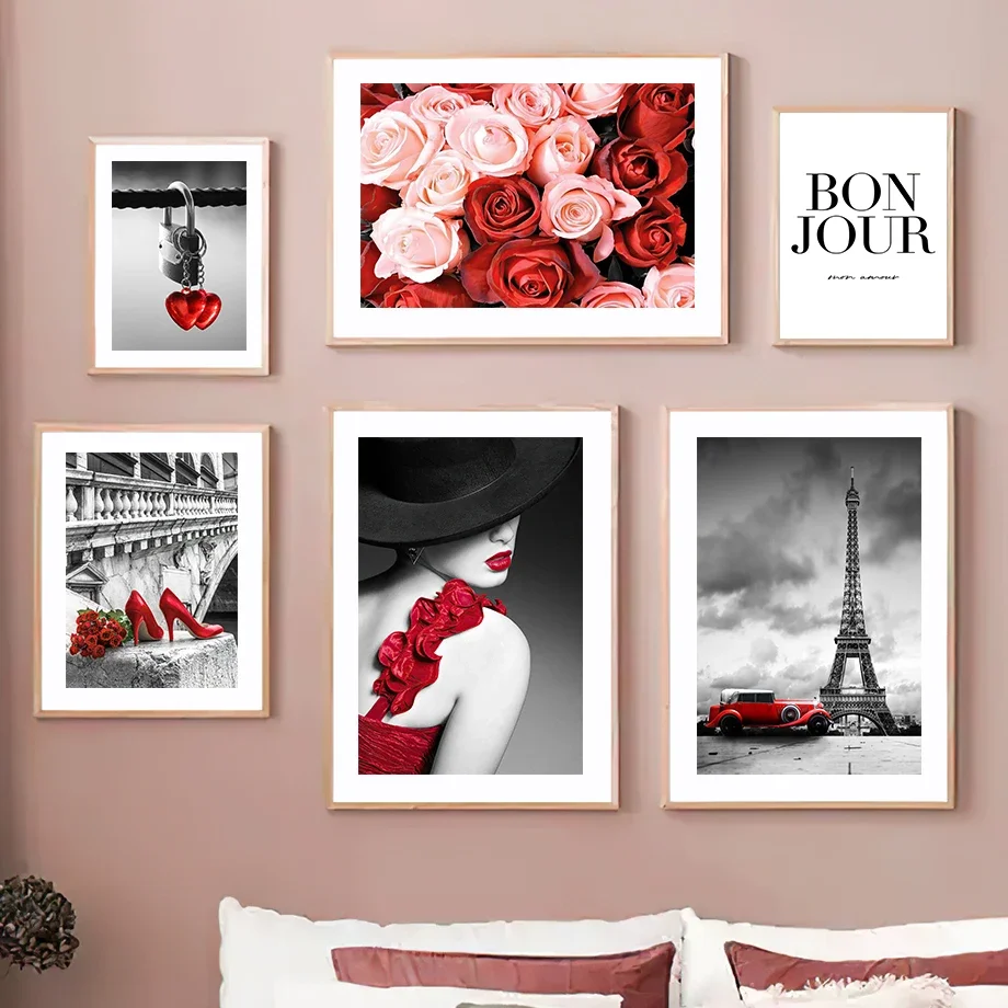 

Black White Paris Towel Red Rose High Heels Girl Wall Art Canvas Painting - Living Room Decor Poster Print Wall Picture