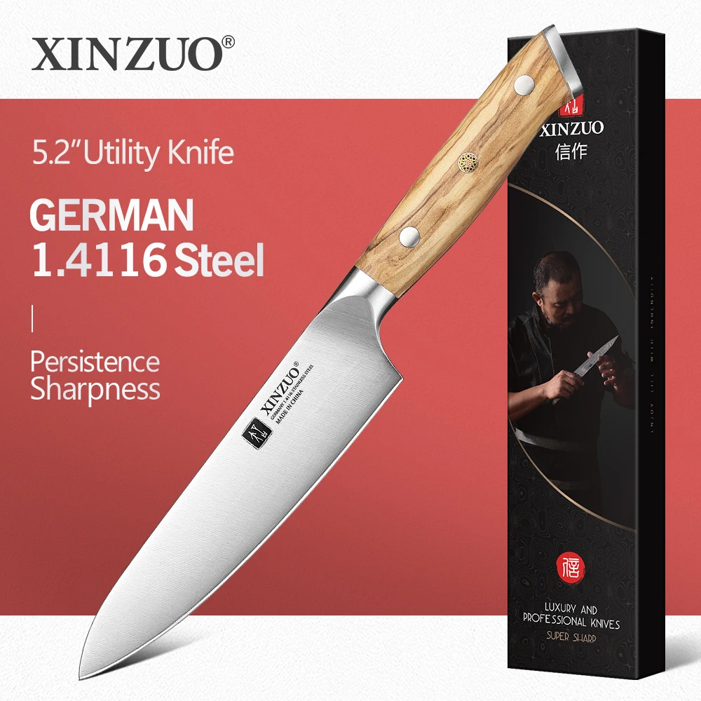 XINZUO 5,2-дюймовый универсальный нож в немецком стиле, изготовленный из стали DIN 1,4116, с режущей способностью 6,0–8,0 Н, устойчивый к ржавчине