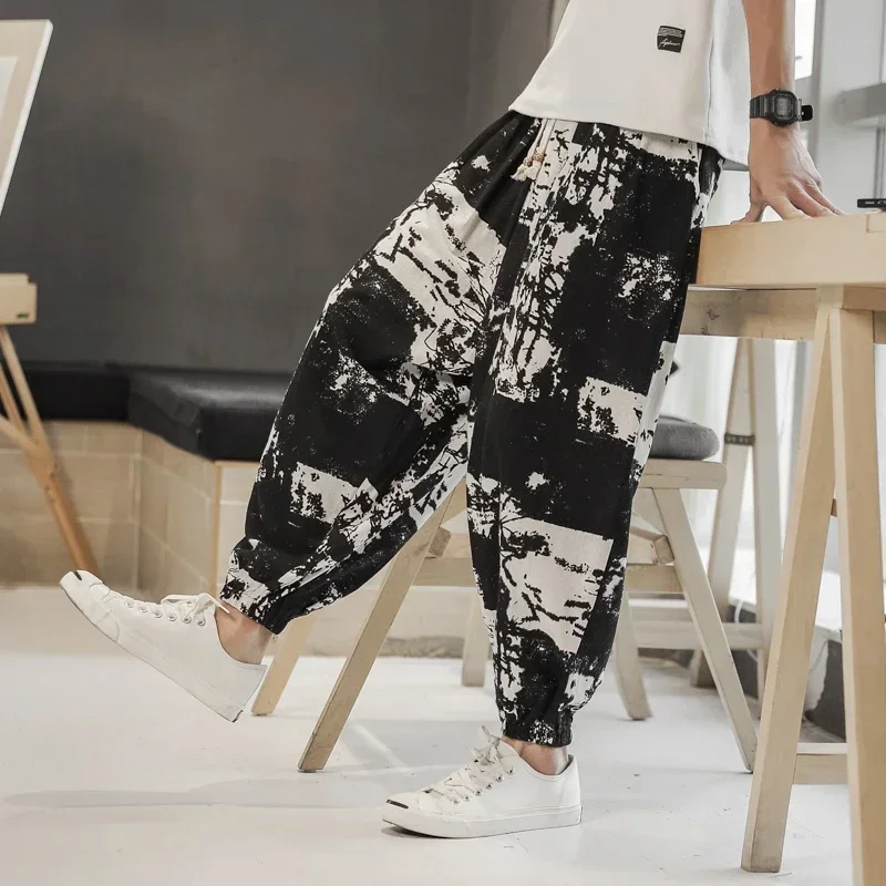 Men Bohemia Printed Trousers Japanese Harajuku Streetwear Casual Pants Chinese Style Cotton Linen Fashion Bloomers Nepal Bottoms