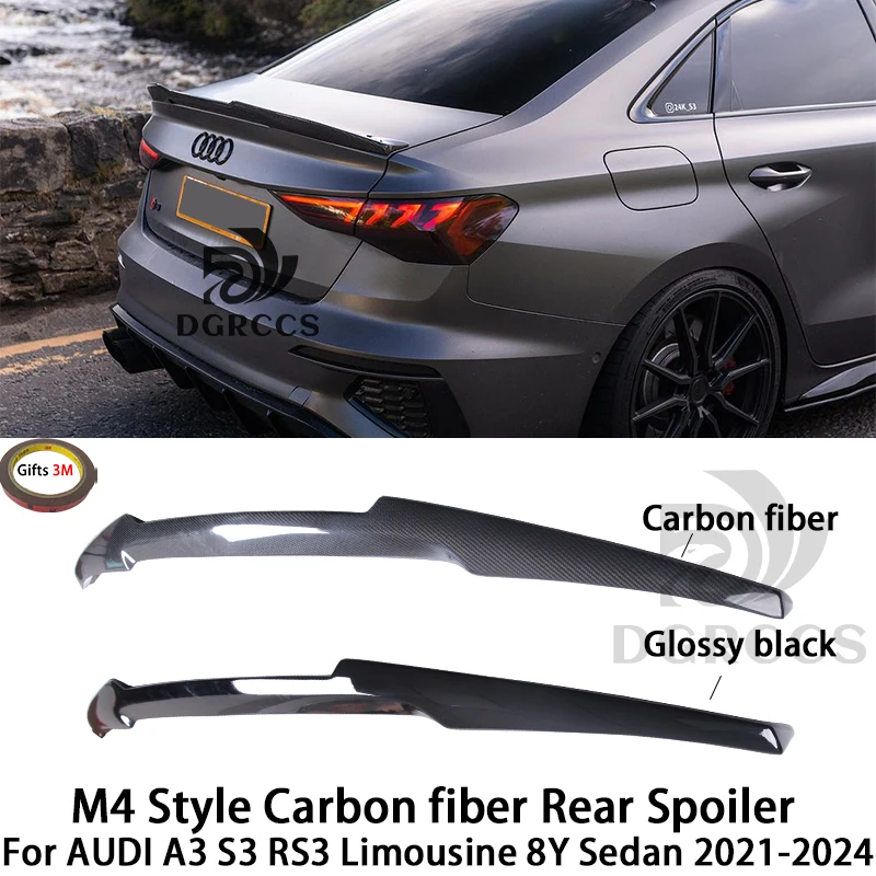 For AUDI A3 S3 RS3 Limousine 8Y Sedan M4 Style Rear Spoiler Trunk Wing 2021-2026 Carbon Fiber Glossy Black