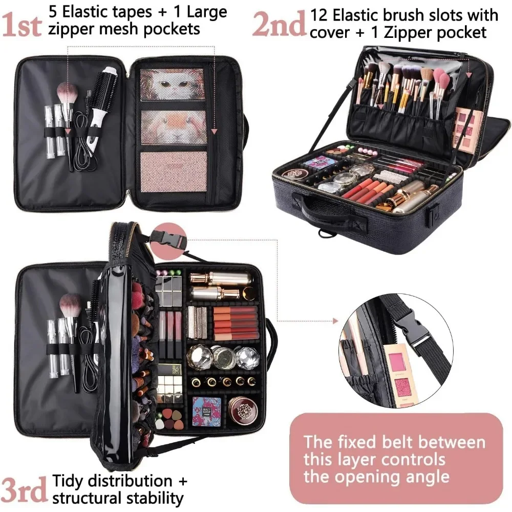 Leather Professional Makeup Case 16 Inches Large Travel Makeup Bag Organizer with Shoulder Strap（L-Black Crocodile）