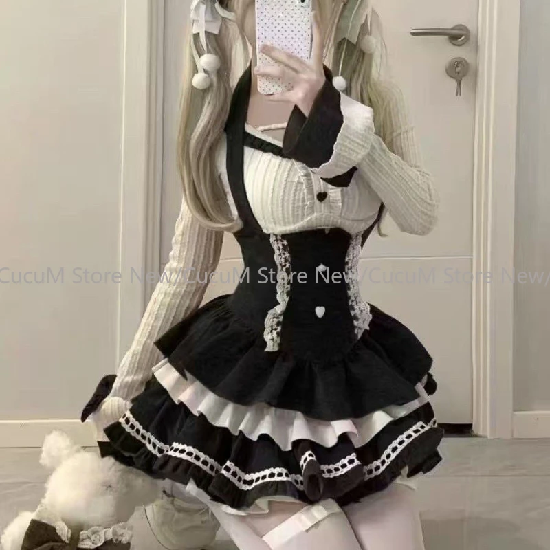 Autumn Winter Sweet Japanese Bow 2 Piece Set Women Long Sleeve Kawaii Slim Tops + High Waist Lace Y2k Mini Dress Lolita Suit