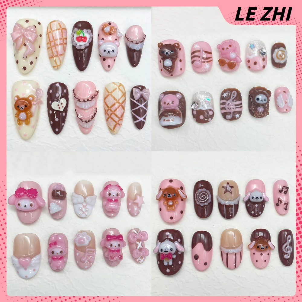 

10Pcs Handmade Cartoon 3D Doll Rabbit Rilakkuma Press On Nails Japan South Korea Pink Sweet Note Wings Customizable Fake Nails