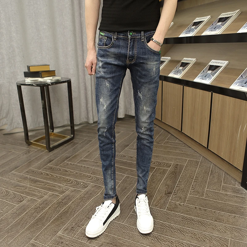 

Slim Fit Men's Pencil Jeans Elastic Waist Trousers Youth Sle Casual Cotton Denim Small Size 26 27 Faionable Long Pants