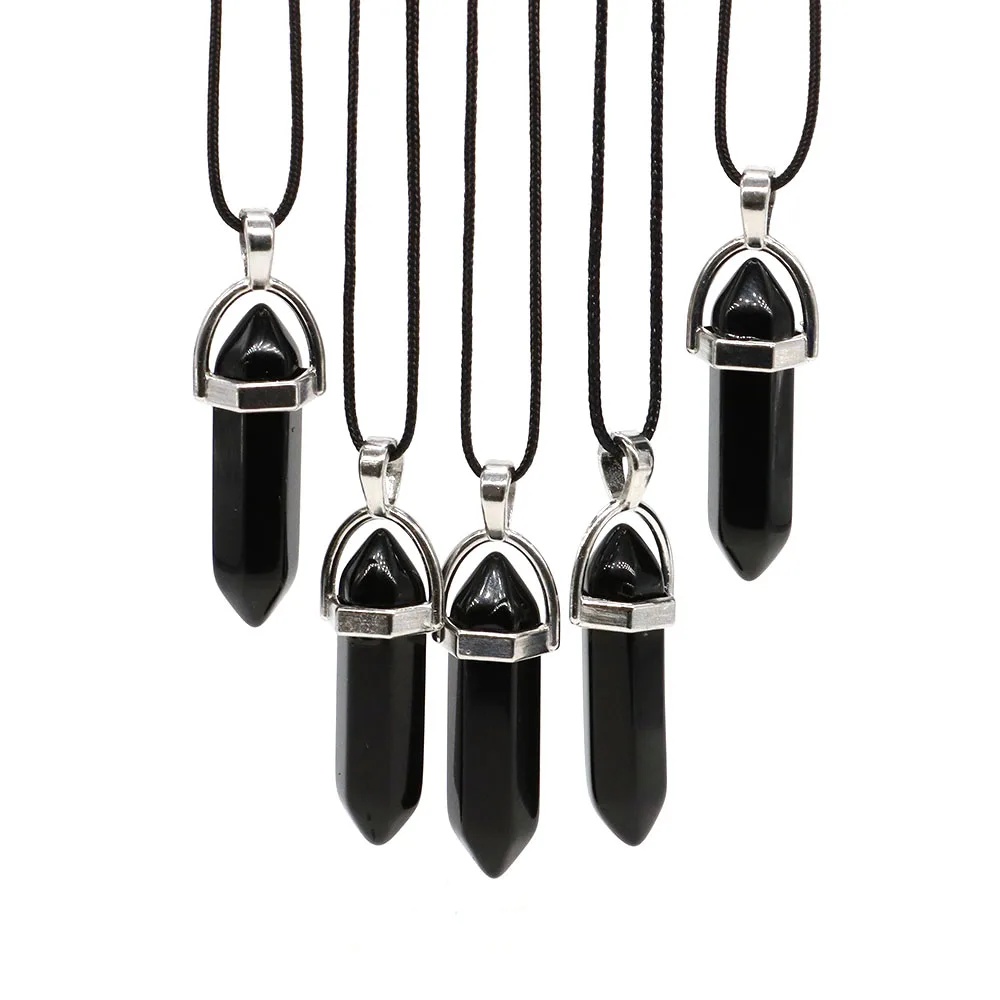 Crystal Hexagonal Column Pendant Natural Stone Black Obsidian Necklaces Chakra Healing Gift Women Men Fashion Jewelry 1PC