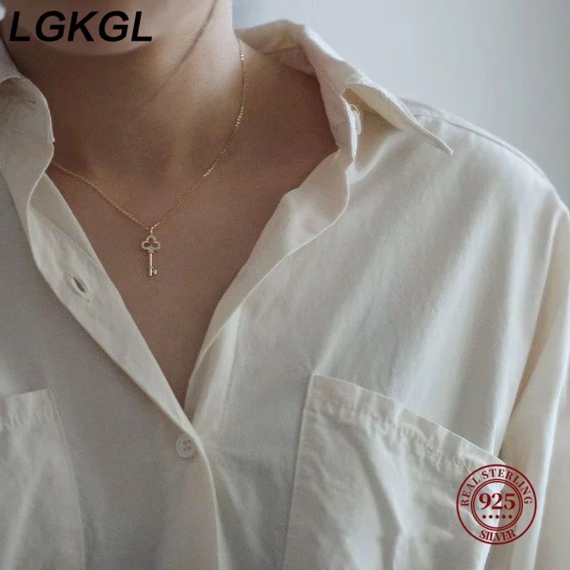 LGKGL ضوء فاخر 925 فضة مطلي 14K الذهب الزركون مفتاح قلادة المختنق قلادة الإناث لطيف مزاجه غرامة مجوهرات