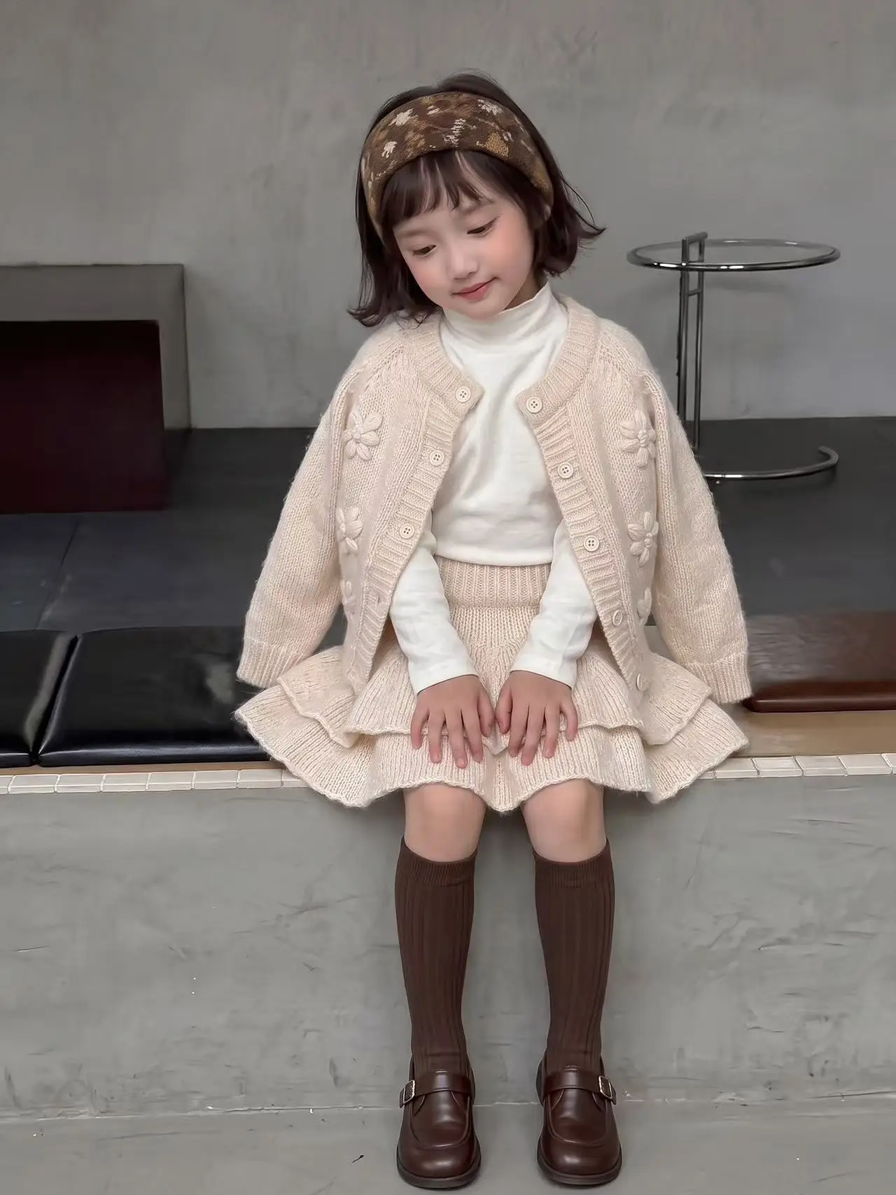 New Spring Autumn Girls French Floral 2Pcs Outfit Knit Cardigan With Skirt Stylish Casual Suit For Kids