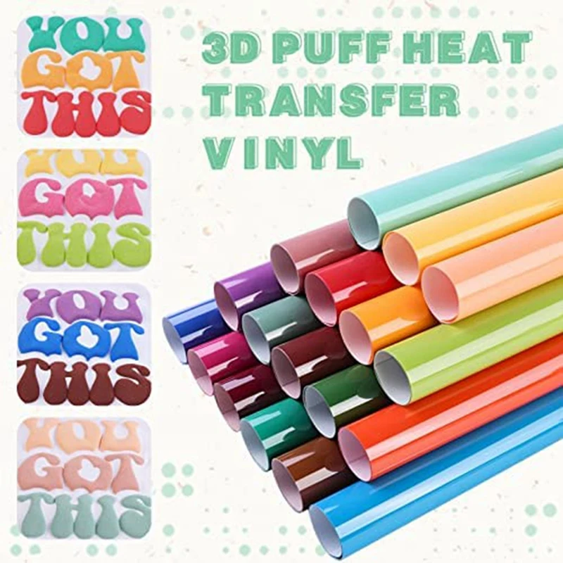 Transferencia de Calor de vinilo 3D Puff HTV para camisetas, Compatible con bricolaje, 18 hojas, 12X10 pulgadas